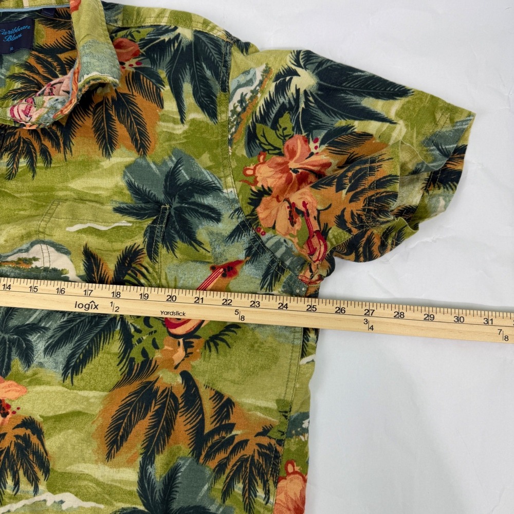 Caribbean Blues Mens XL Tropical Hawaiian Shirt Palm Tree Hibiscus Print Linen - Picture 7 of 8